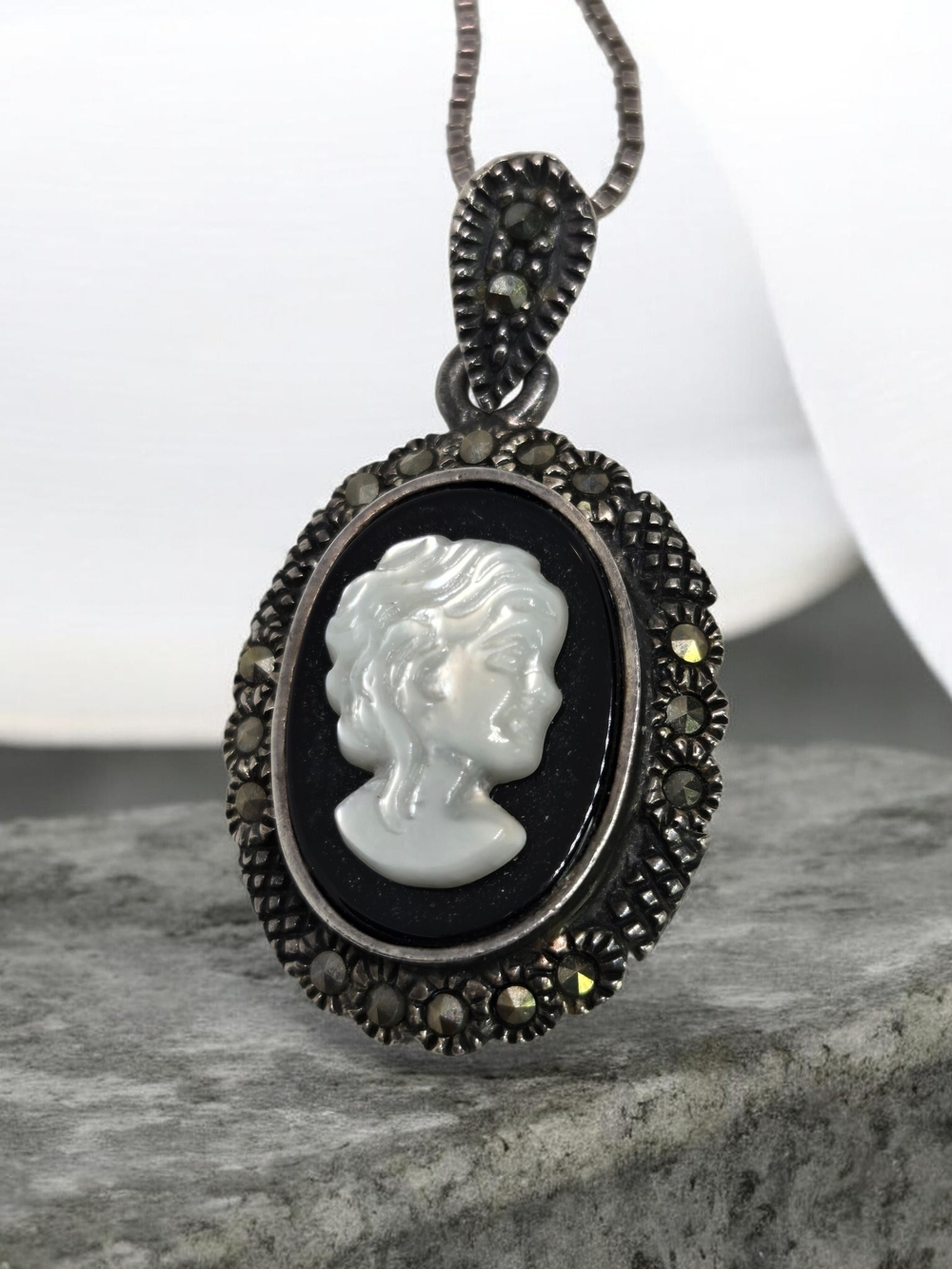 Vintage Black and White Cameo Marcasite 925 Sterling Silver Pendant Necklace